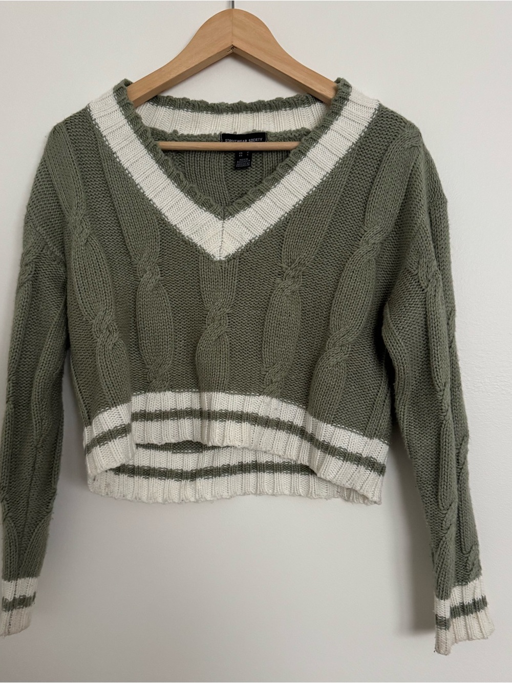 Cable Knit V-Neck Sweater in Olive Green with Cream Trim